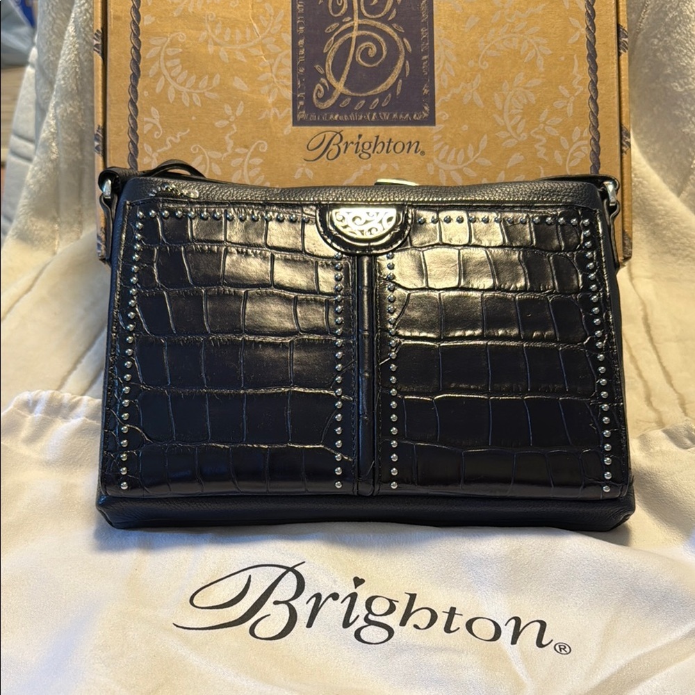 Brighton Black Crossbody Bag with Croc-Embossed Texture